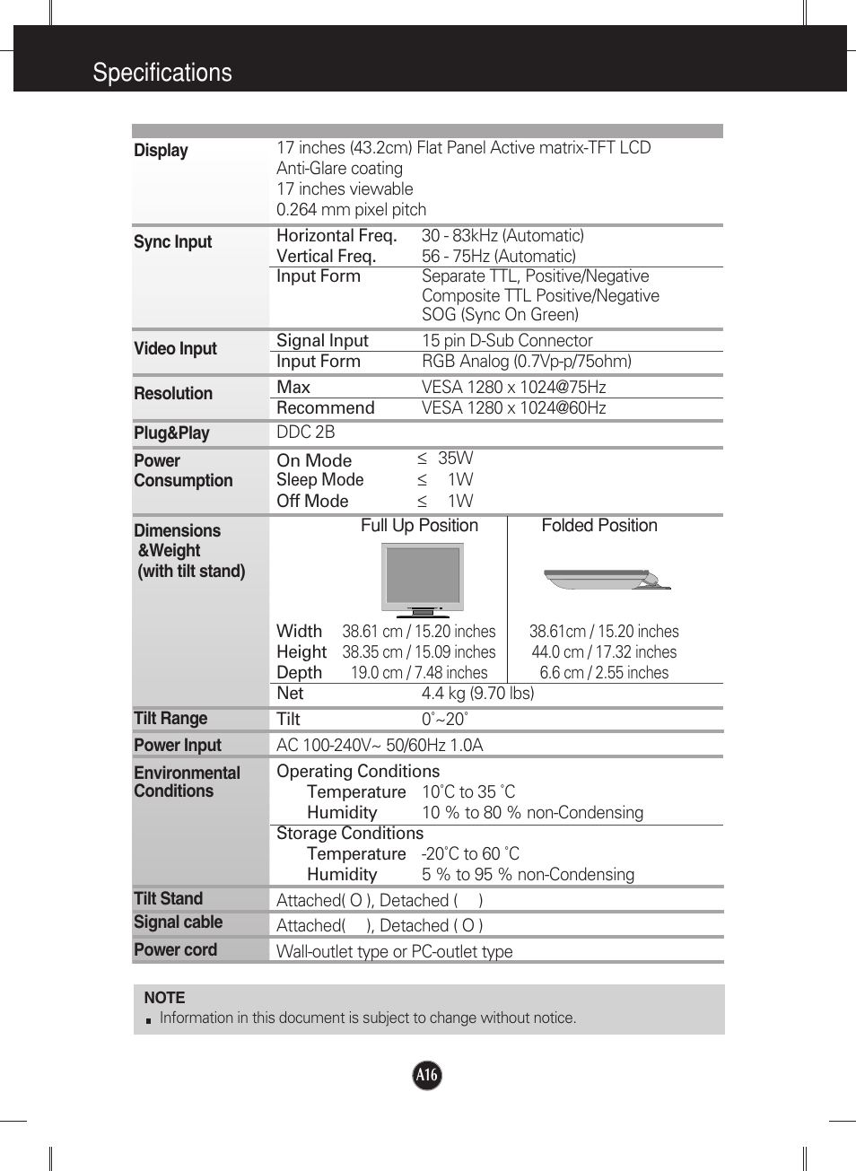 Specifications | LG L1717S User Manual | Page 17 / 20