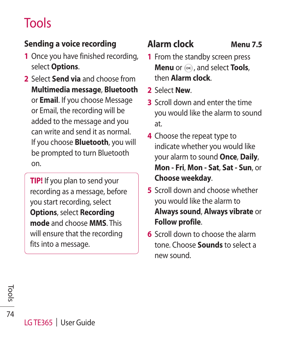 Tools, Alarm clock | LG TE365 User Manual | Page 78 / 107