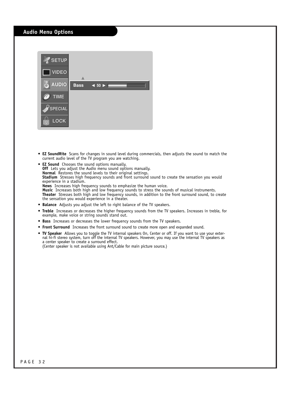 Audio menu options | LG RU-52SZ61D User Manual | Page 32 / 60