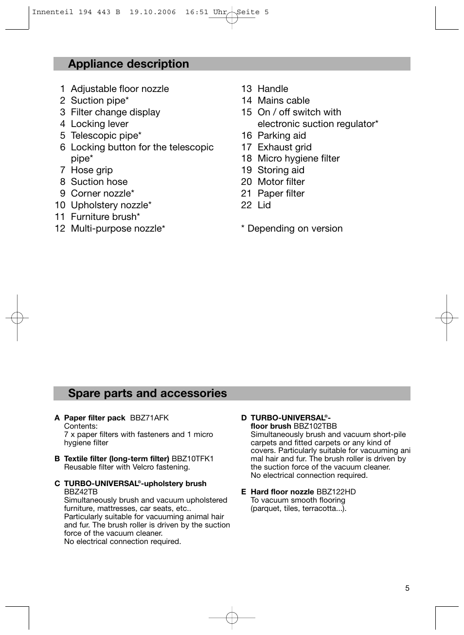 De Appliance Description Spare Parts And Accessories Bosch Bsn1