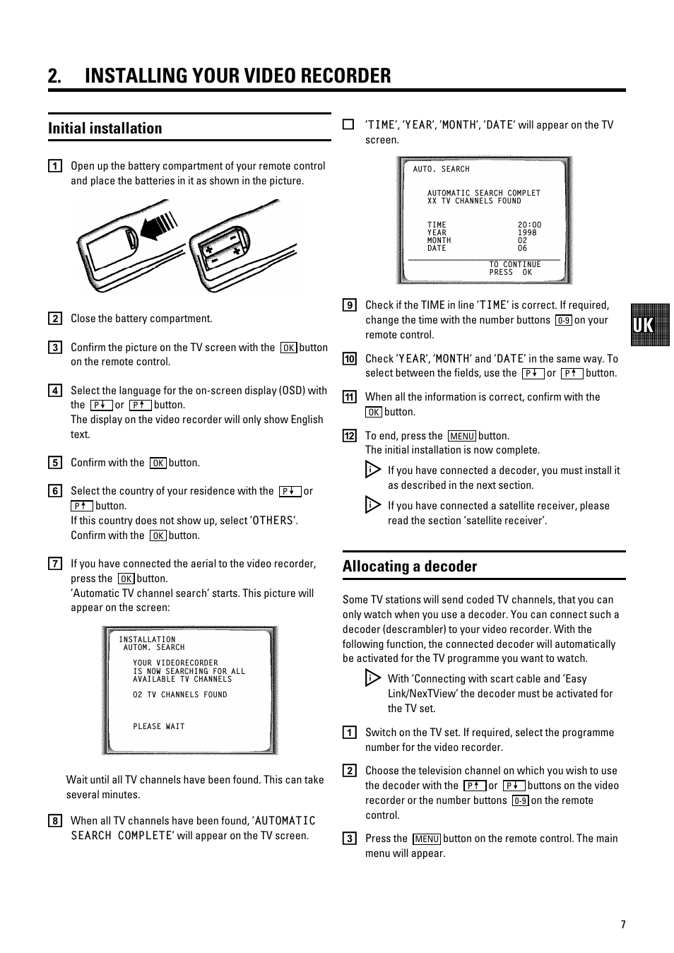 Installing your video recorder, Initial installation, Allocating a