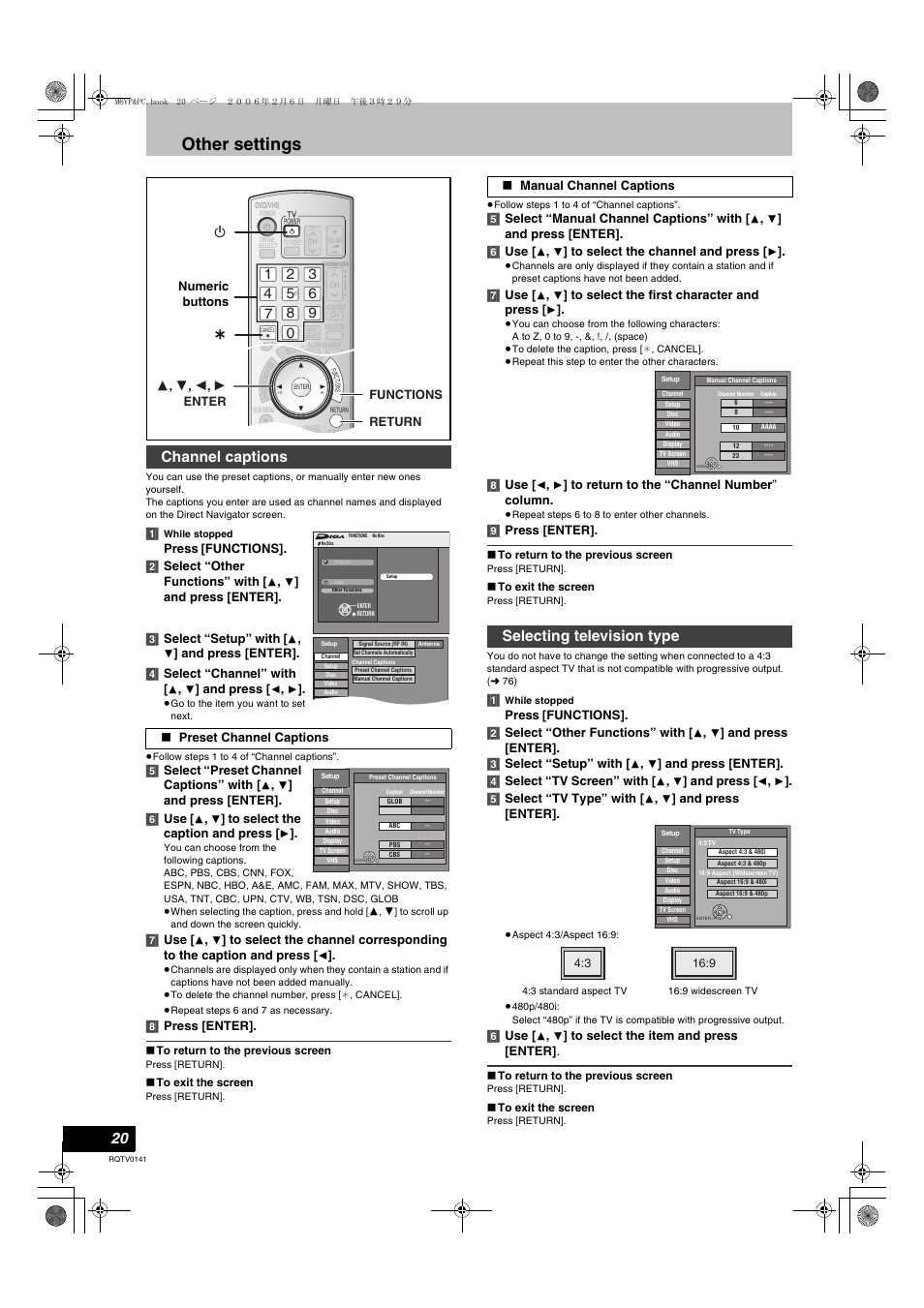 Other settings, Channel captions, Selecting television type | Panasonic
