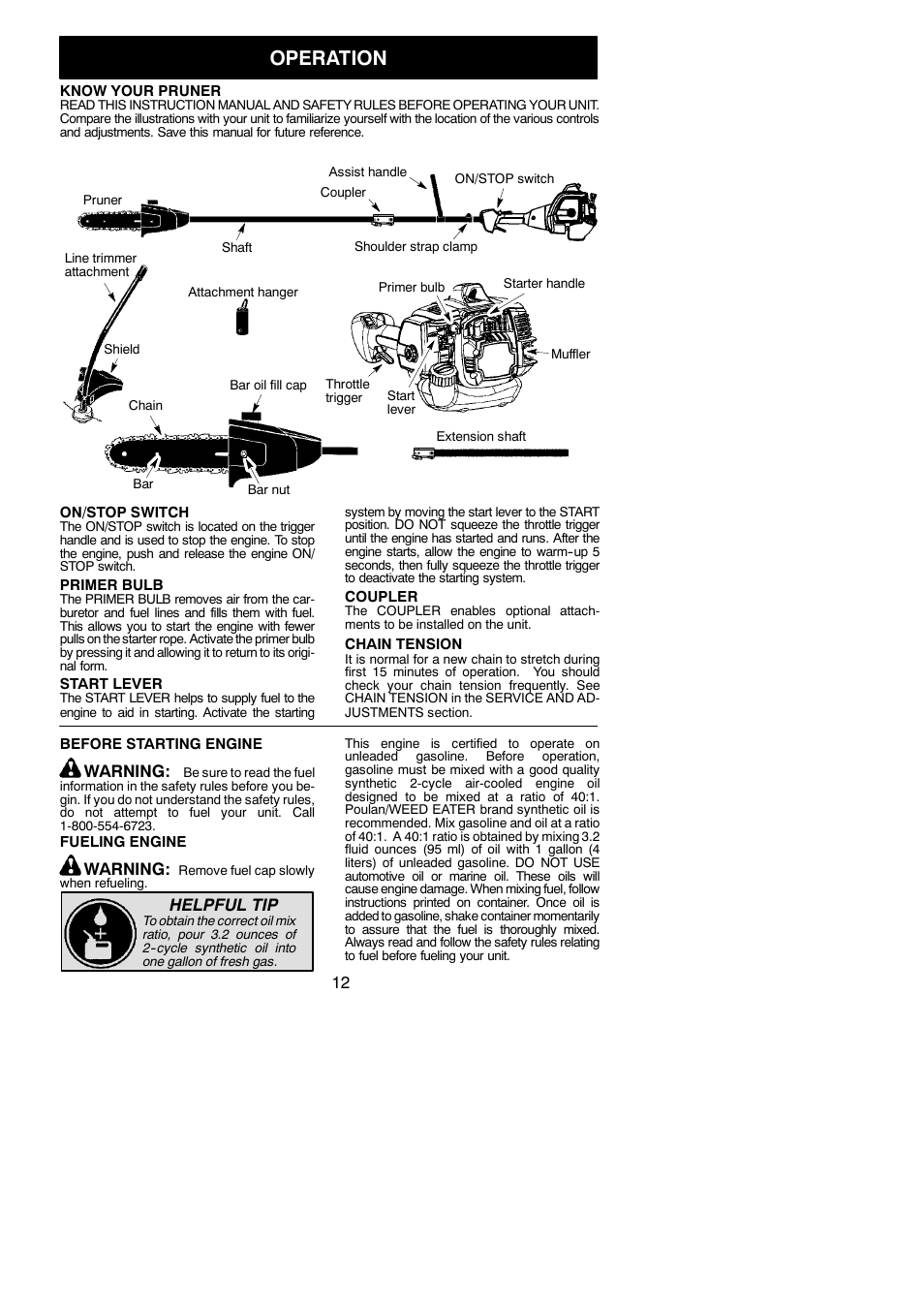 Operation, Warning, Helpful tip | Poulan Pro PP338PT User Manual | Page