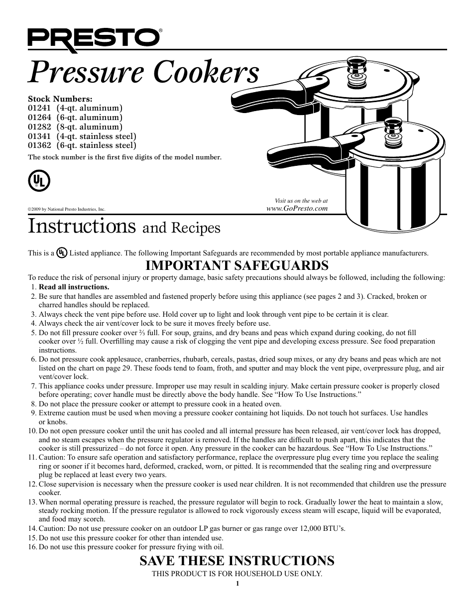 Presto 49831 Pressure Cooker Instruction/Recipe Book