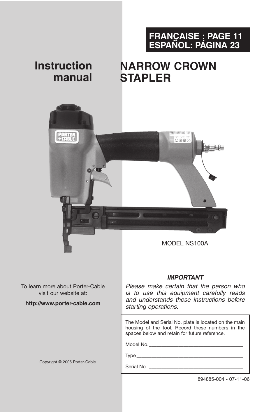 Porter-Cable NS100A User Manual | 37 pages | Original mode