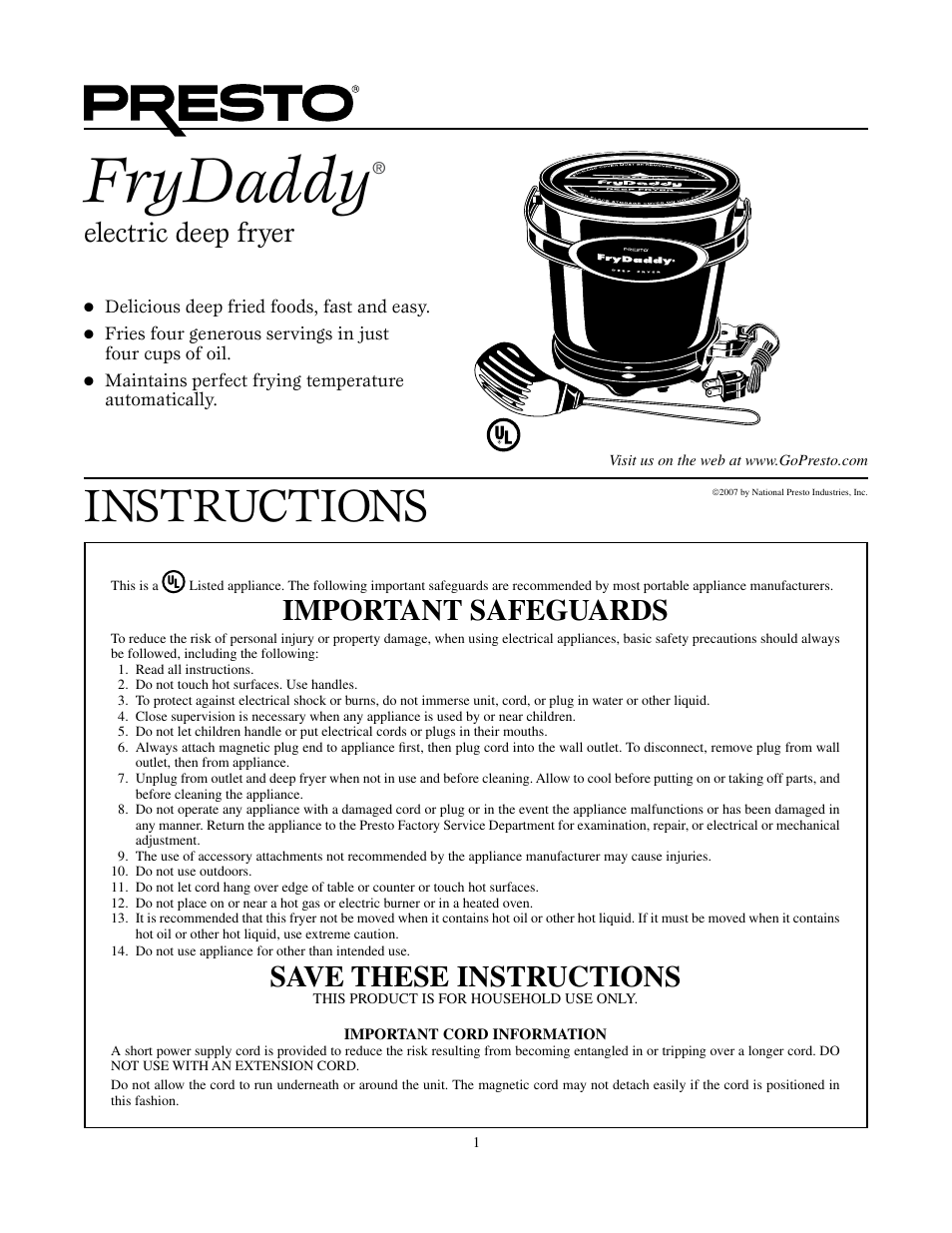 Instruction Manual for the Presto<sup>®</sup> GranPappy<sup>®</sup> deep  fryer - Deep Fryers - Presto®