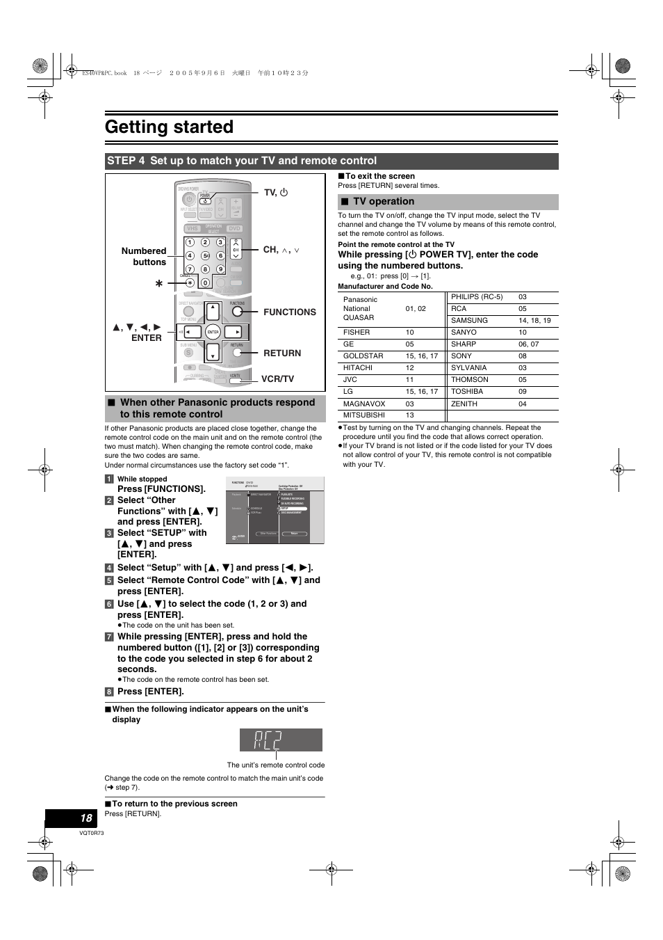 Step 4 set up to match your tv and remote control, When other panasonic