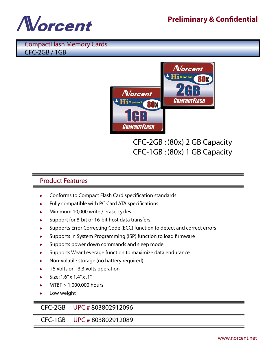 Norcent Technologies CompactFlash Memory Cards CFC-2GB / 1GB User Manual | 1 page