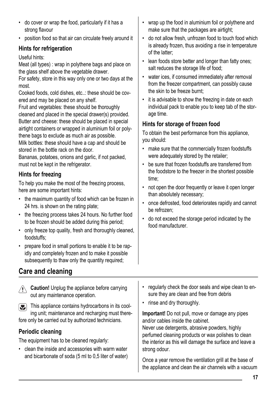 Care and cleaning | ZANKER KBU 12401 DK User Manual | Page 17 / 48