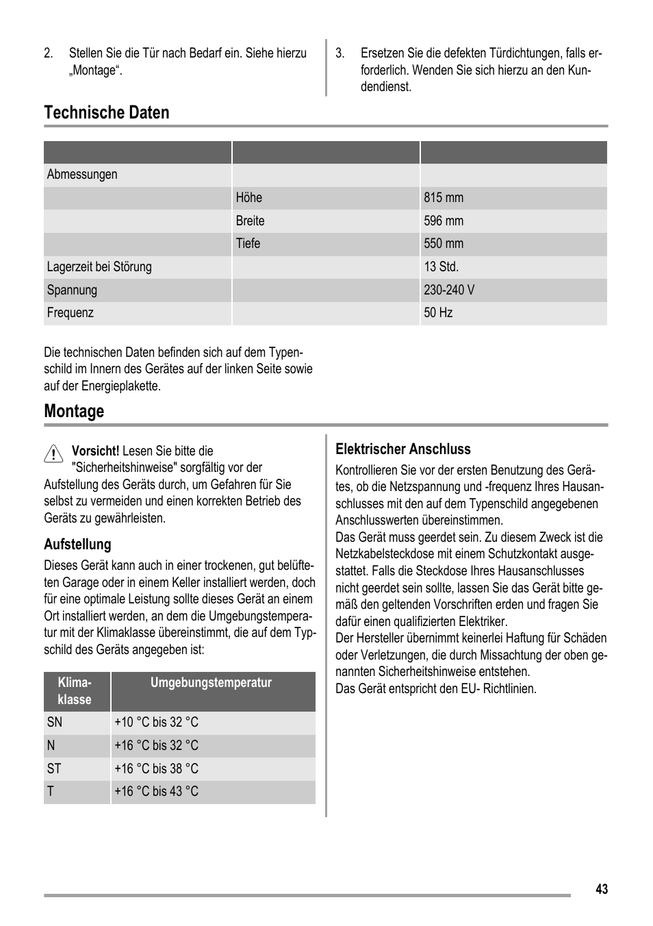 Technische daten, Montage | ZANKER KBU 12401 DK User Manual | Page 43 / 48