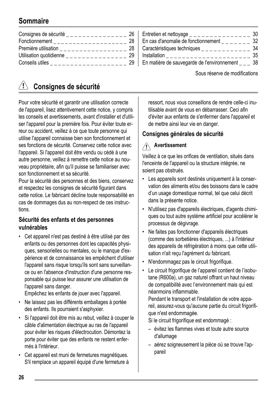 Sommaire, Consignes de sécurité | ZANKER KBT 23001 SB User Manual | Page 26 / 52