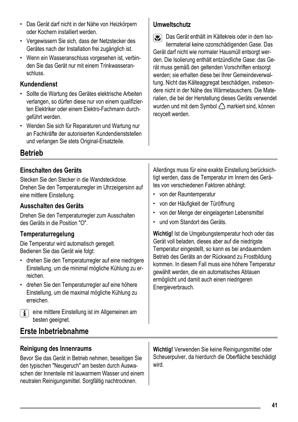 Betrieb, Erste inbetriebnahme | ZANKER KBT 23001 SB User Manual | Page 41 / 52