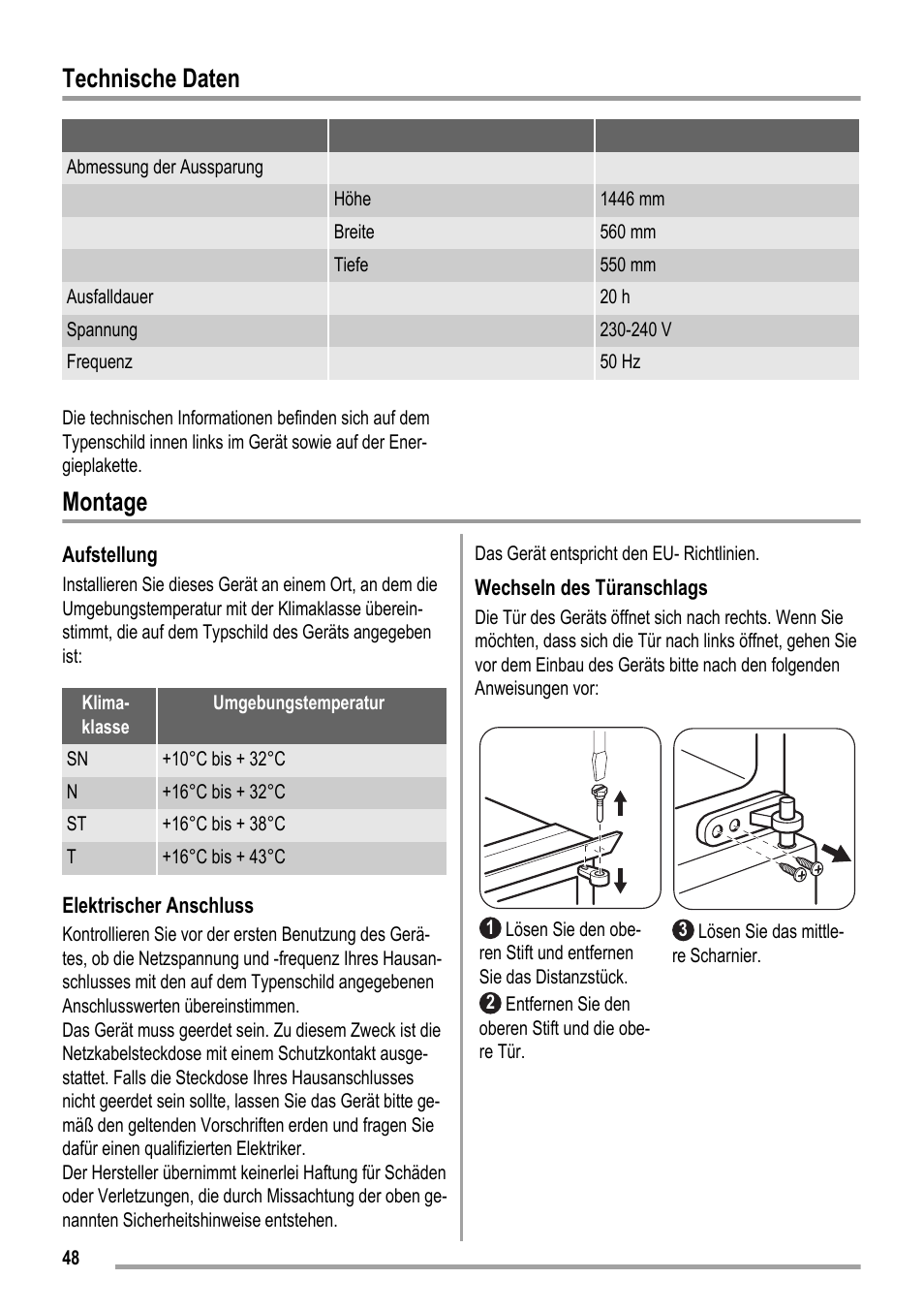 Technische daten, Montage | ZANKER KBT 23001 SB User Manual | Page 48 / 52