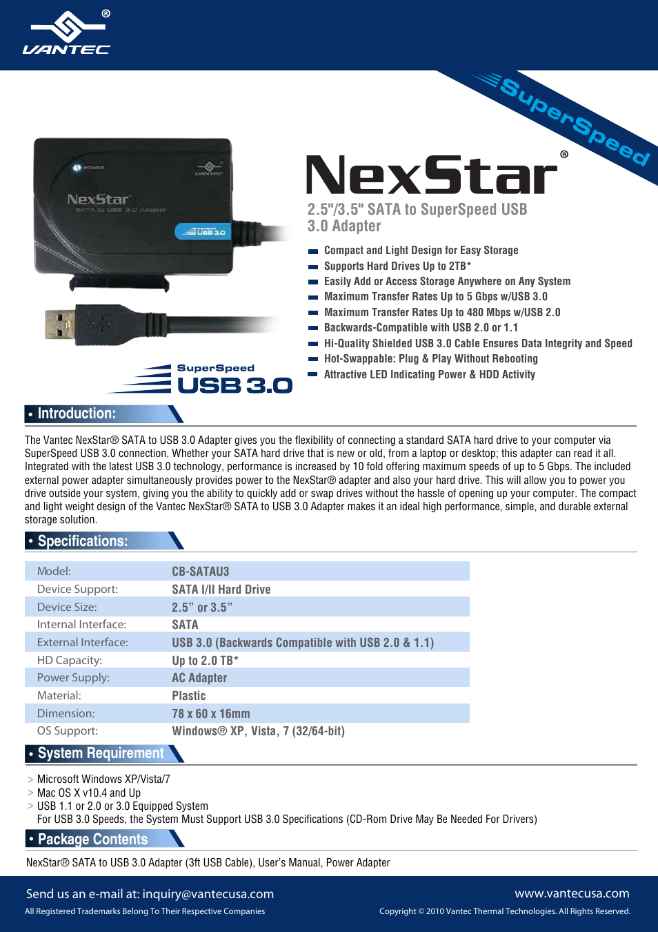Nexstar CB-SATAU3 User Manual | 1 page
