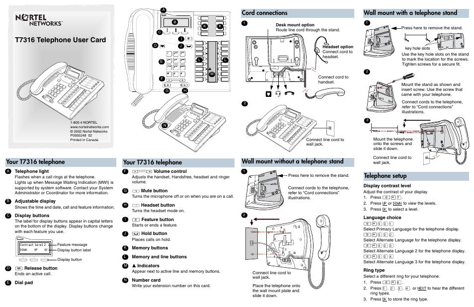 Nortel Networks T7316 User Manual | 2 pages | Original mode