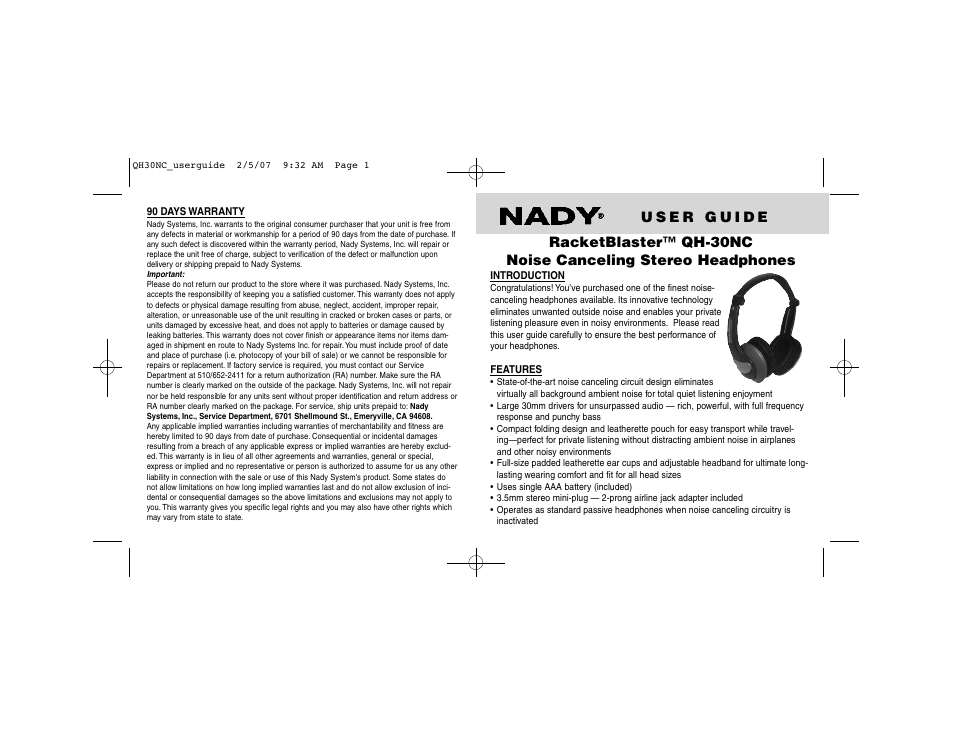 Nady Systems Nady RacketBlaster QH-30NC User Manual | 2 pages