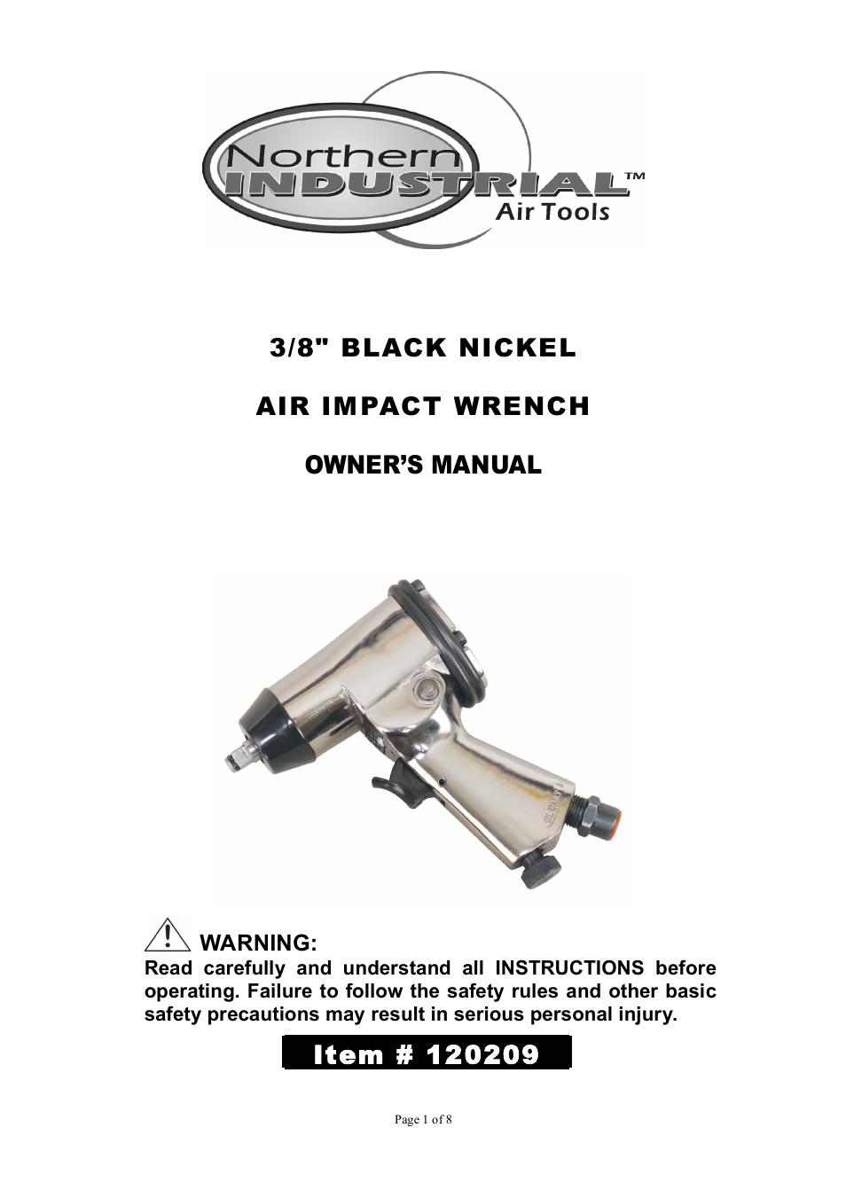 Northern Industrial Tools NORTHERN INDUSTRIAL BLACK NICKEL AIR IMPACT WRENCH User Manual | 8 pages