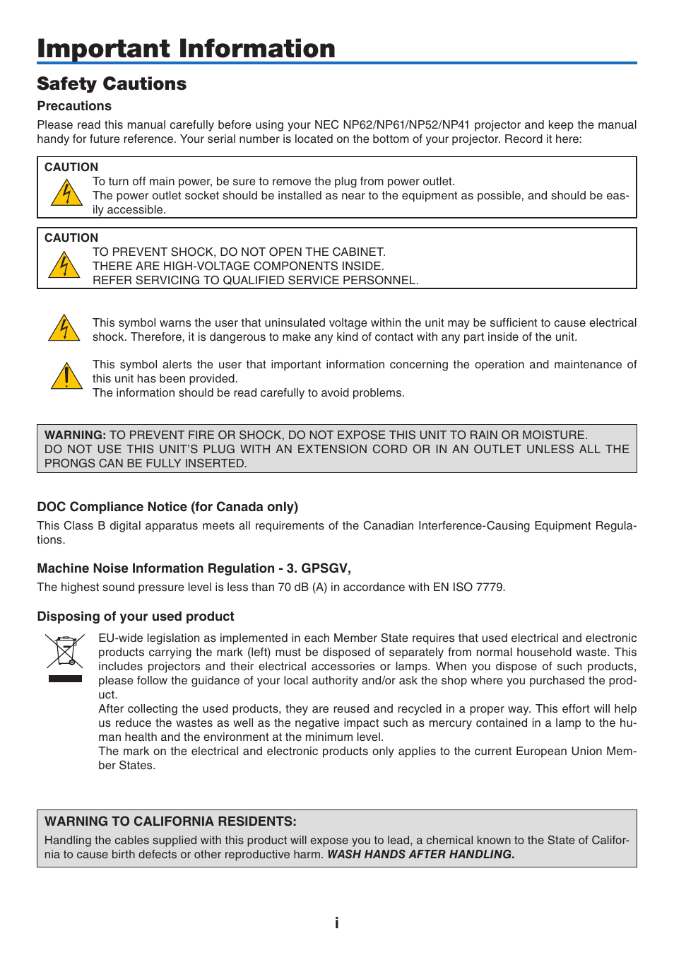 Safety cautions | NEC NP41 User Manual 
