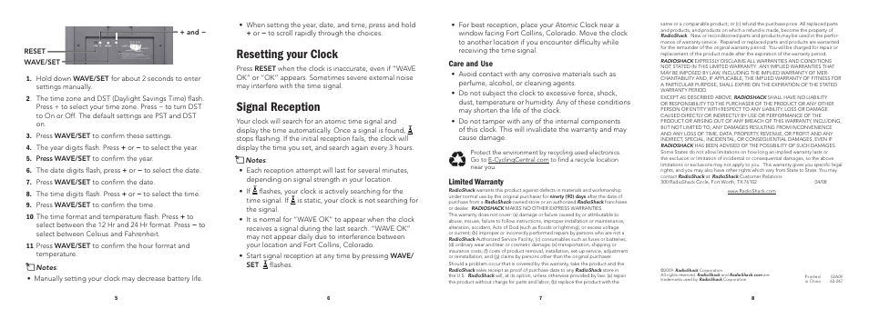 Resetting your clock, Signal reception | Radio Shack 63-247 User Manual