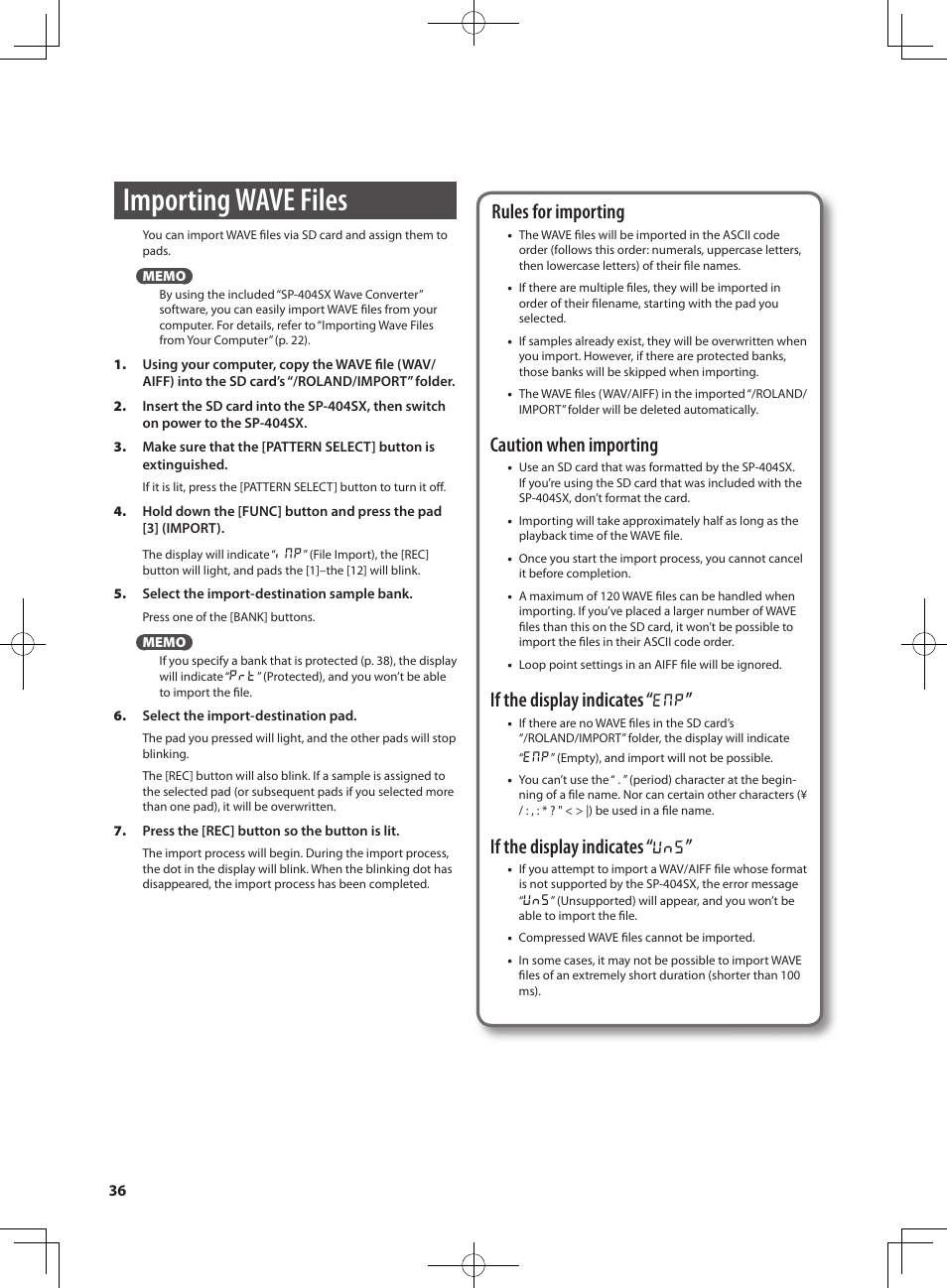Importing Wave Files Rules For Importing Caution When Importing Roland Sp 404sx User Manual Page 36 54 Importing Wave Files Rules For Importing Caution When Importing Roland Sp 404sx User Manual Page 36 54