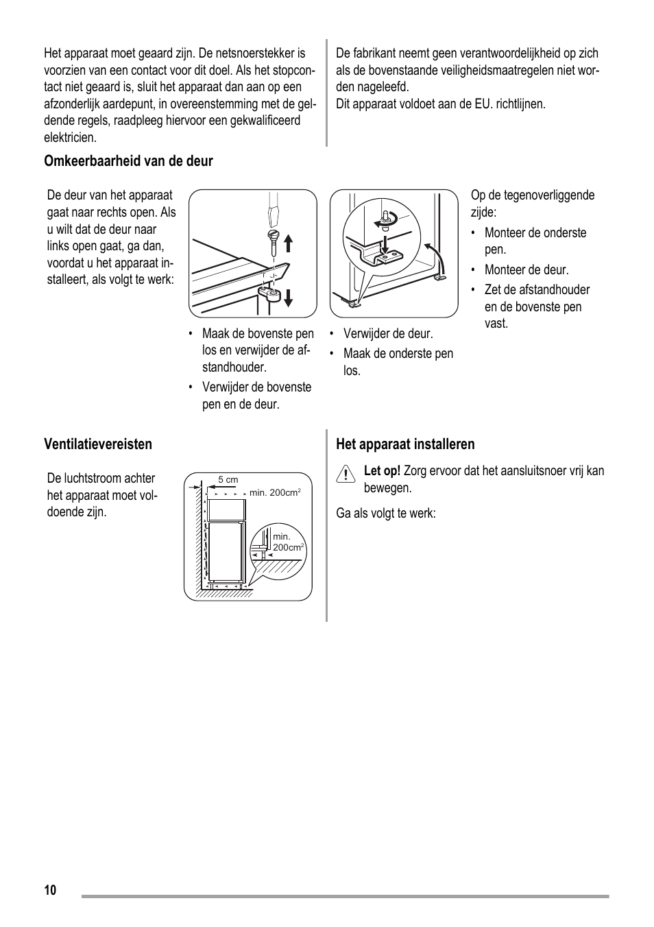 Omkeerbaarheid van de deur, Ventilatievereisten, Het apparaat installeren | ZANKER KBA 17401 SK User Manual | Page 10 / 52