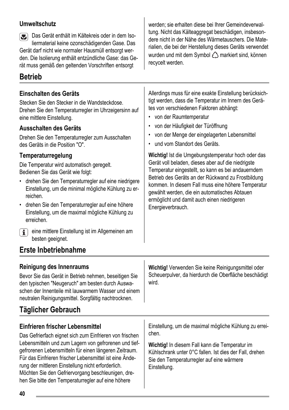 Betrieb, Erste inbetriebnahme, Täglicher gebrauch | ZANKER KBA 17401 SK User Manual | Page 40 / 52