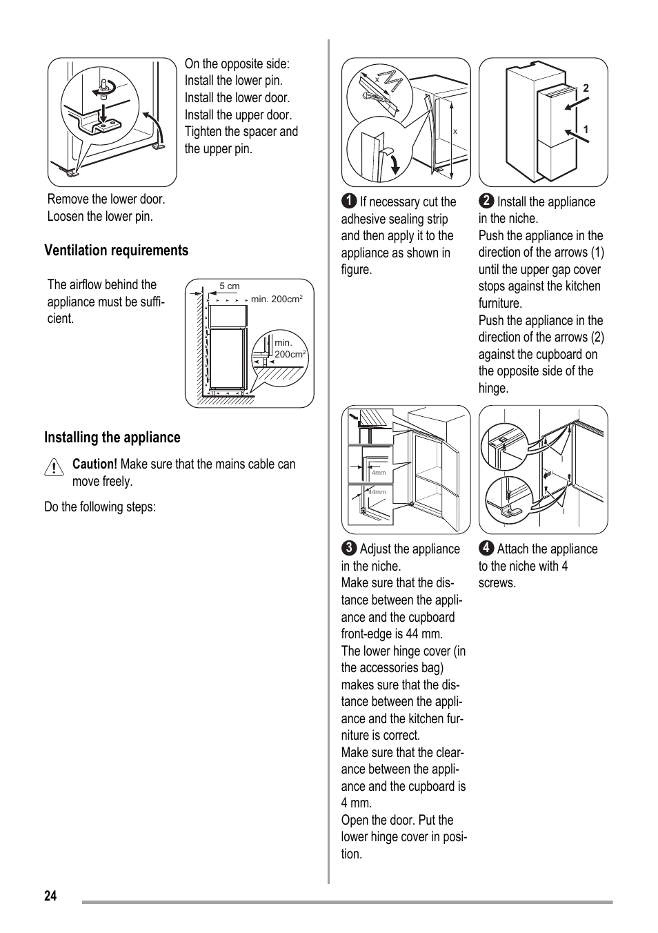 Ventilation requirements, Installing the appliance | ZANKER KBB 24001 SK User Manual | Page 24 / 56