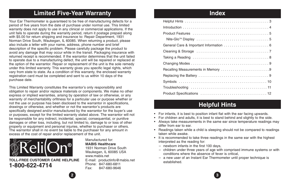 Index, Helpful hints, Limited five-year warranty | ReliOn Thermometer