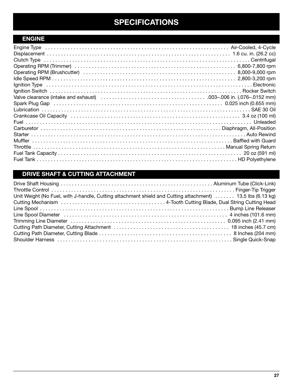 Specifications | Ryobi 890R User Manual | Page 27 / 30 | Original mode
