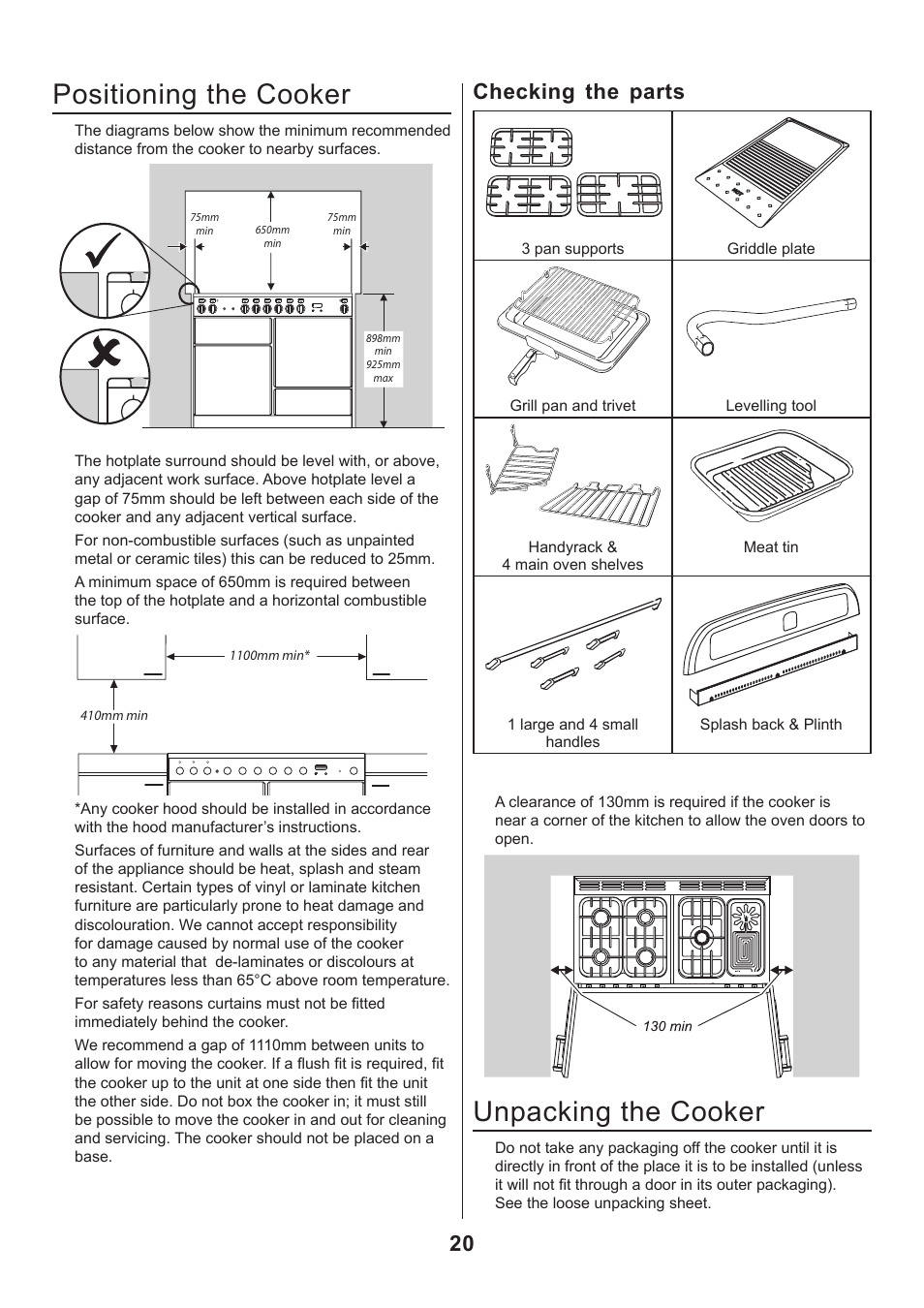 Positioning The Cooker Unpacking The Cooker Checking The Parts Rangemaster Classic 110 Gas Fsd User Manual Page 20 28