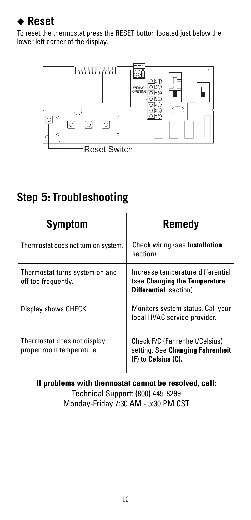 Reset, Step 5: troubleshooting, Symptom remedy | Robertshaw 9420 User Manual  | Page 10 / 12  Robertshaw 9420 Thermostat Wiring Diagram    Manuals Directory