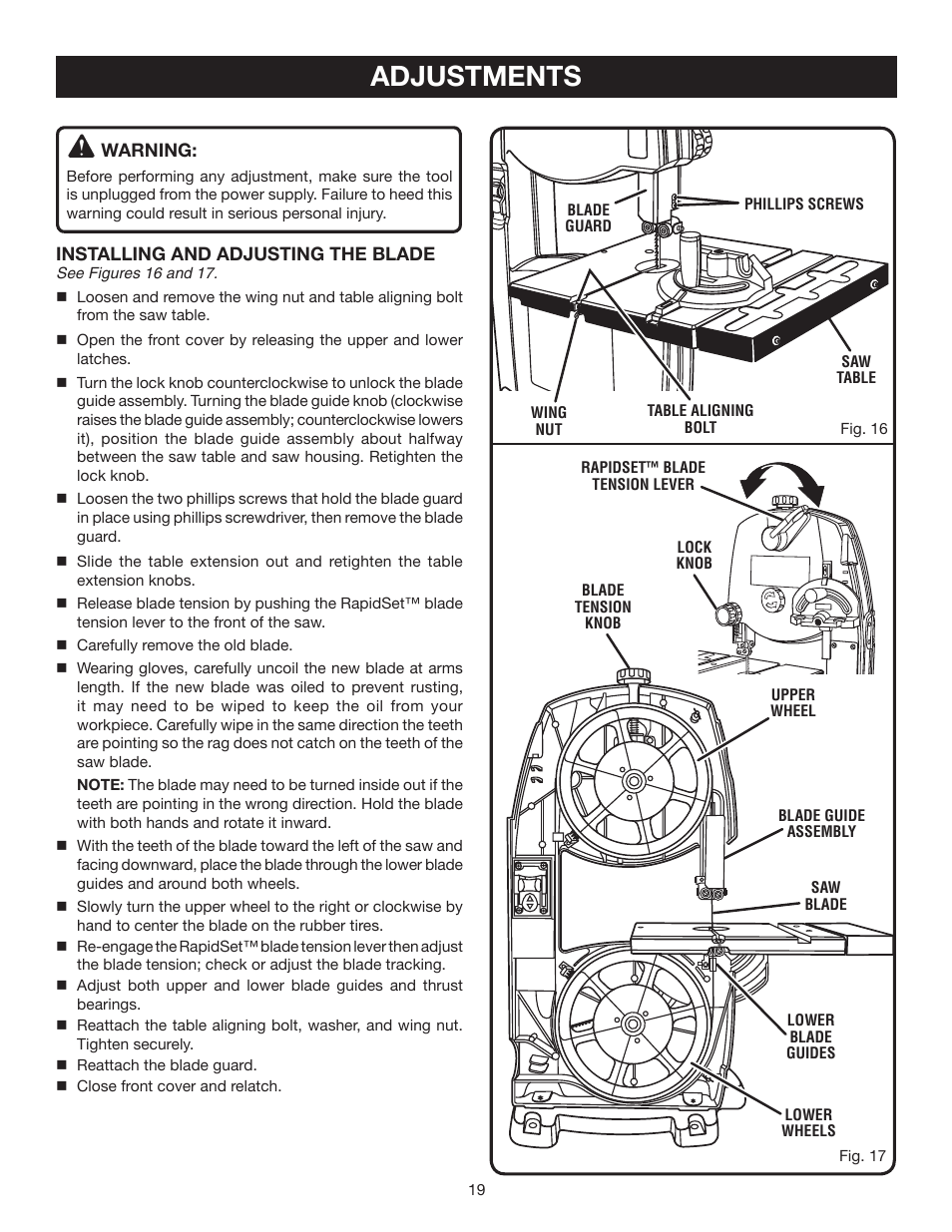Adjustments | Ryobi BS903 User Manual | Page 19 / 26 | Original mode