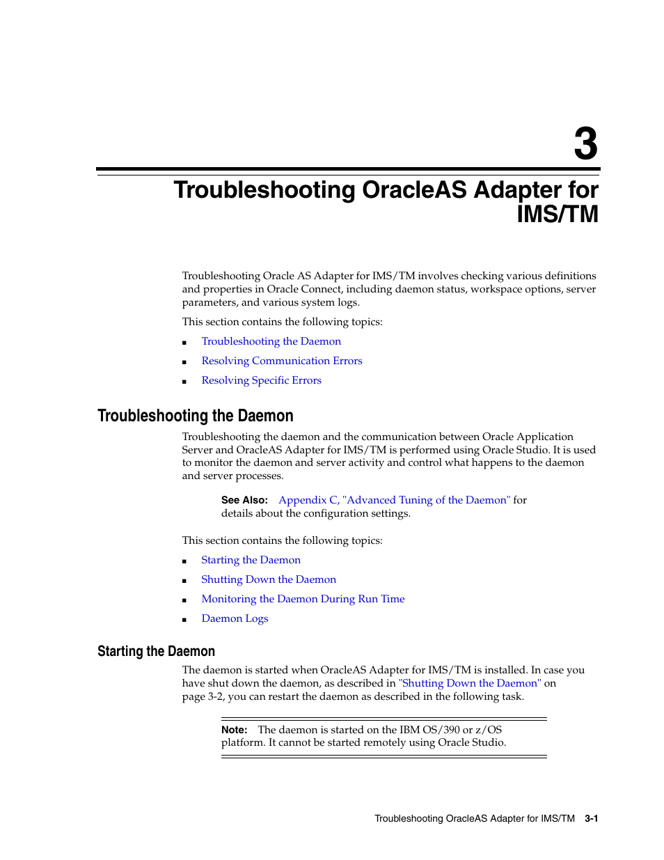 3 troubleshooting oracleas adapter for ims/tm, Troubleshooting the daemon, Starting the daemon | Starting the daemon -1, Troubleshooting oracleas adapter for ims/tm | Oracle Audio Technologies B31003-01 User Manual | Page 15 / 112