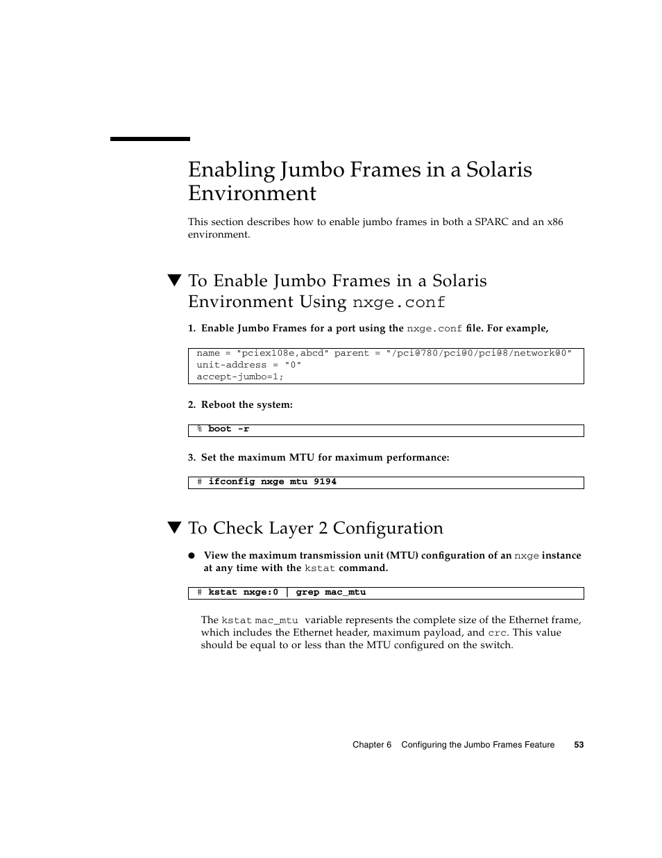 Enabling jumbo frames in a solaris environment, To check layer 2 configuration | Oracle Audio Technologies Sun Oracle SunDual 10GbE XFP User Manual | Page 63 / 86