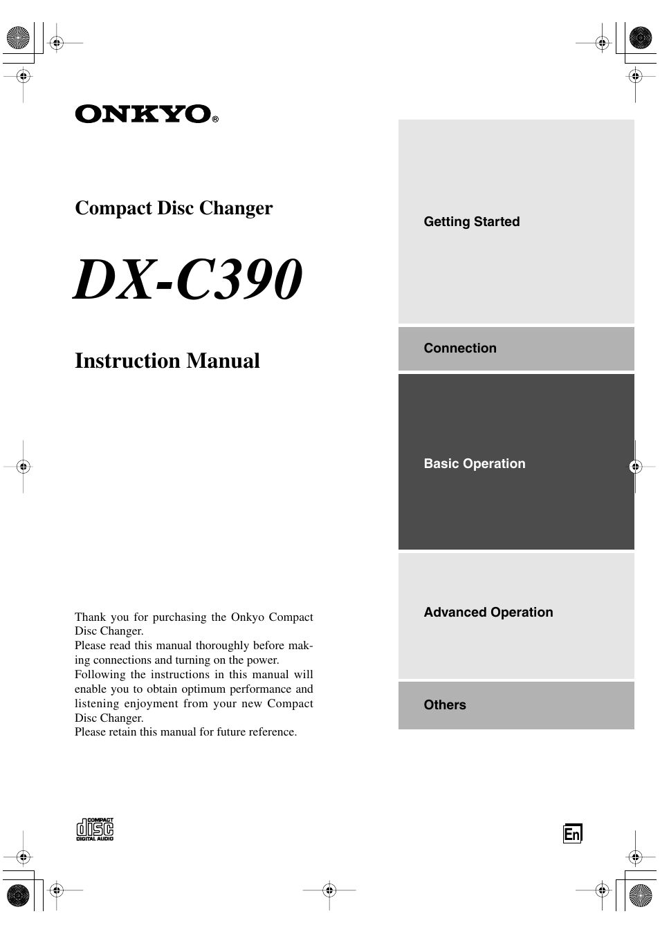 Onkyo DX-C390 Compact Disc Changer  Owner's Manual Operating Instructions 
