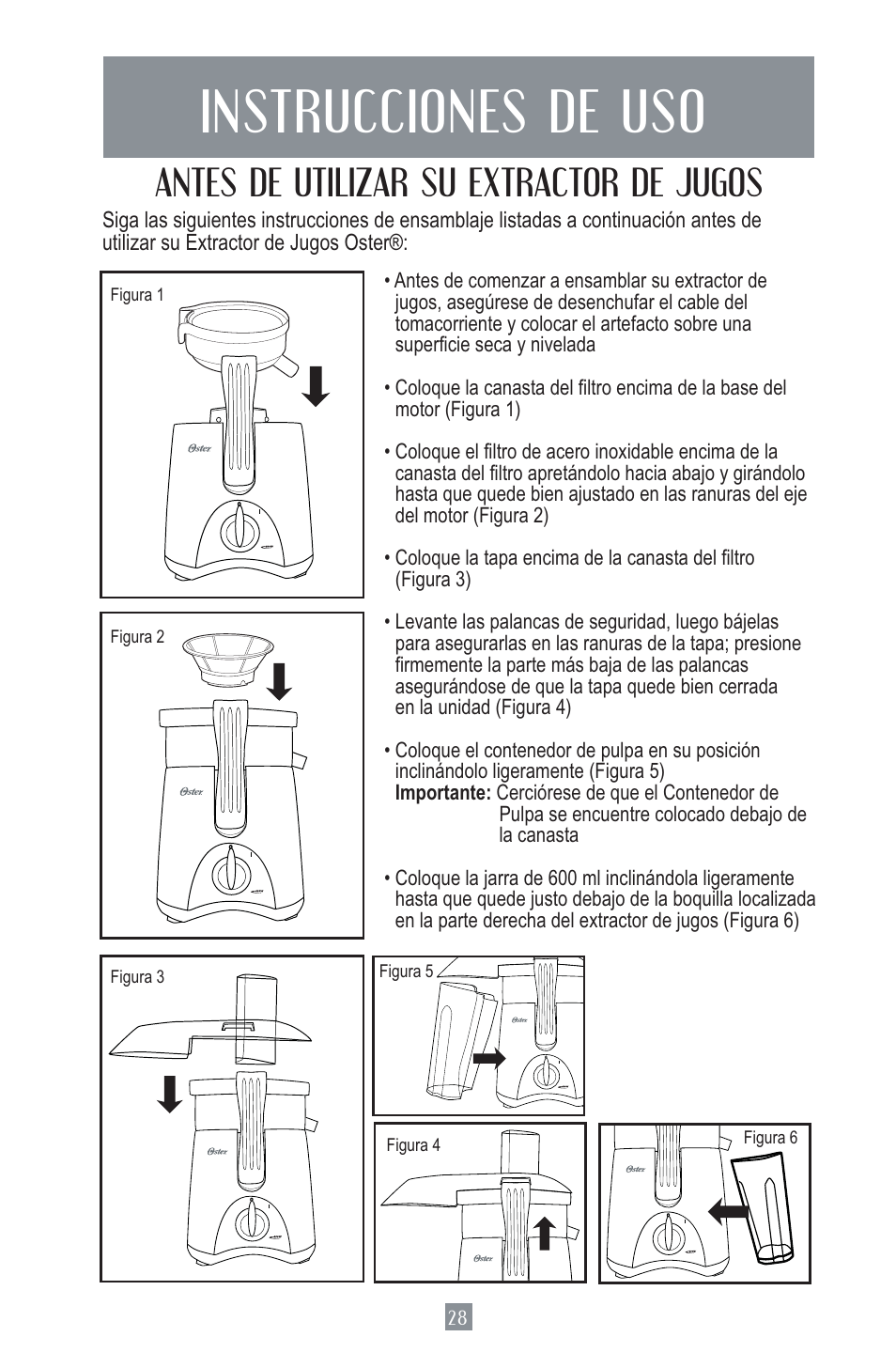 Instrucciones de uso, Antes de utilizar su extractor de jugos | Oster Juice  Extractor 3157 User Manual | Page 29 / 52 | Original mode