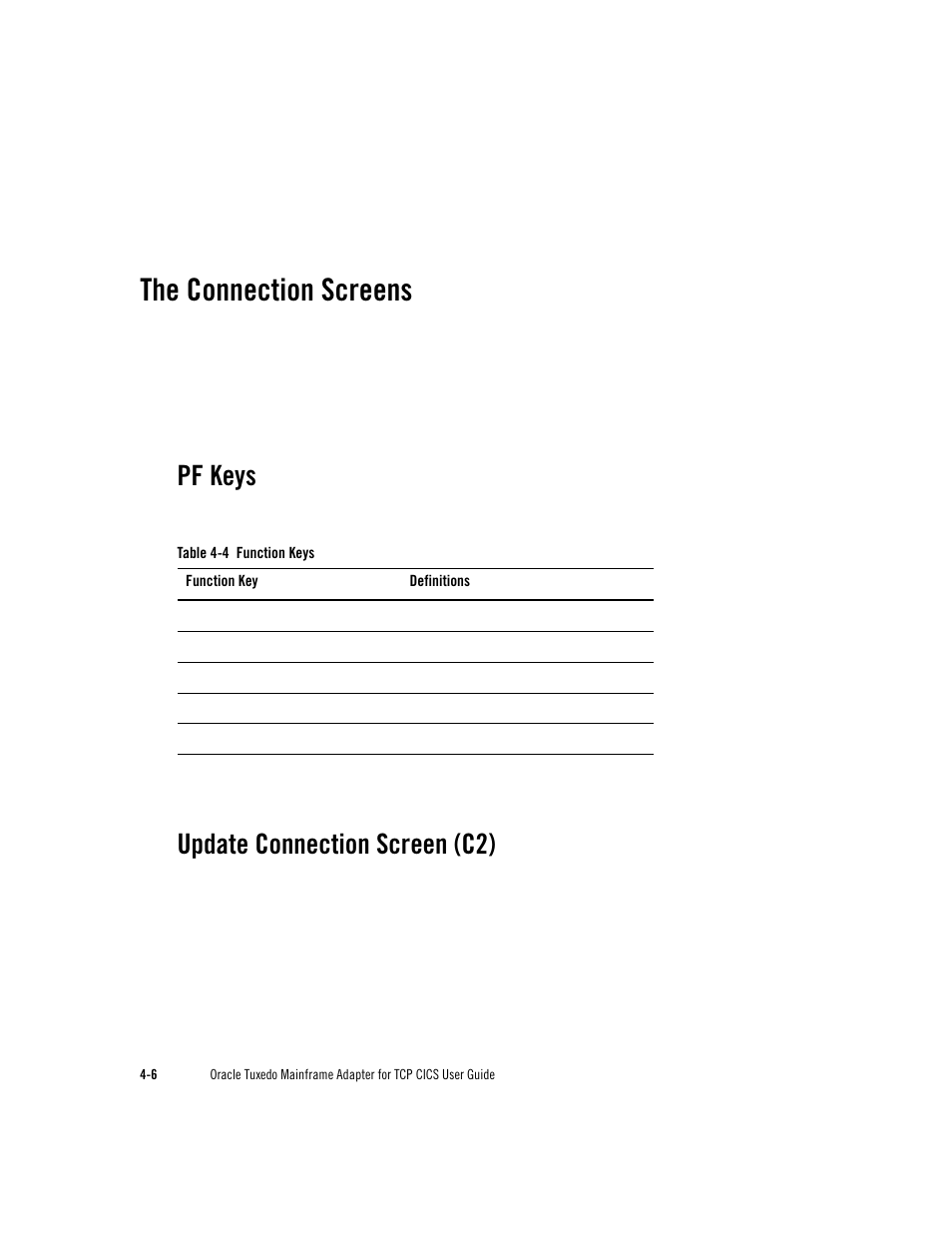 The connection screens, Pf keys, Update connection screen (c2) | Oracle Audio Technologies Oracle Tuxedo User Manual | Page 40 / 112