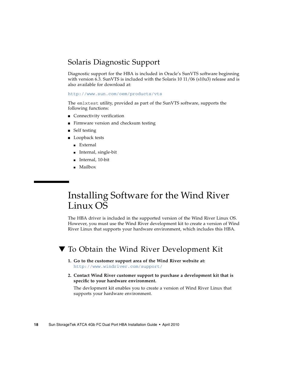 Solaris diagnostic support, Installing software for the wind river linux os, To obtain the wind river development kit | Oracle Audio Technologies Sun StorageTek ATCA 4Gb FC Dual Port HBA SG-XPCIE2FC-ATCA-Z User Manual | Page 24 / 48