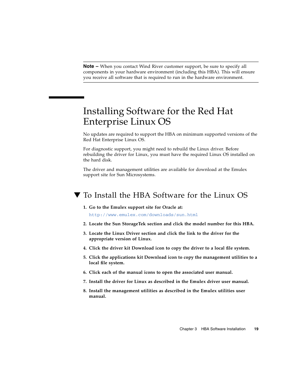 To install the hba software for the linux os | Oracle Audio Technologies Sun StorageTek ATCA 4Gb FC Dual Port HBA SG-XPCIE2FC-ATCA-Z User Manual | Page 25 / 48