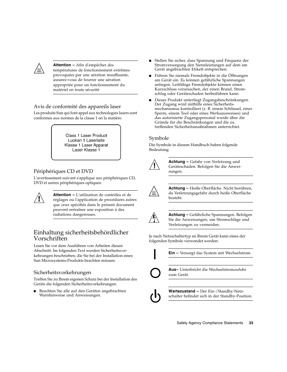 Avis de conformité des appareils laser, Périphériques cd et dvd, Einhaltung sicherheitsbehördlicher vorschriften | Sicherheitsvorkehrungen, Symbole | Oracle Audio Technologies Sun StorageTek ATCA 4Gb FC Dual Port HBA SG-XPCIE2FC-ATCA-Z User Manual | Page 39 / 48