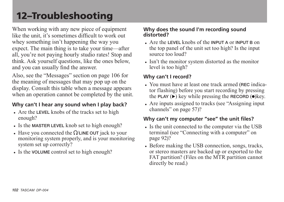 Troubleshooting 12 Troubleshooting Tascam Dp 004 User Manual Page 102 112