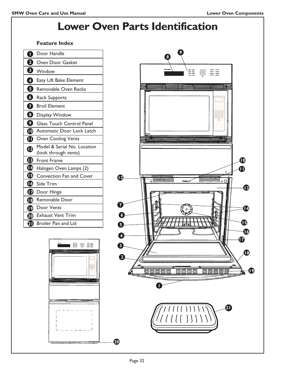 Lower oven parts identification, Feature index, Smw oven care and use
