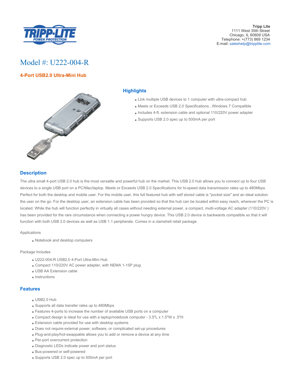 U222-004 Tripp Lite 4-Port USB 2.0 Hi-Speed Ultra-Mini Hub