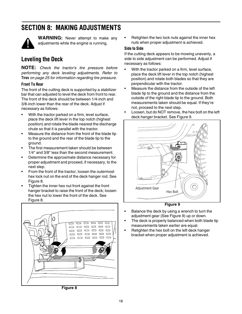 Section 8: making adjustments, Leveling the deck | Toro LX500 User