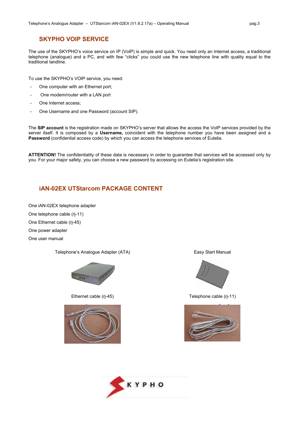 Skypho voip service, Ian-02ex utstarcom package content | UTStarcom IAN-02EX User Manual | Page 3 / 12