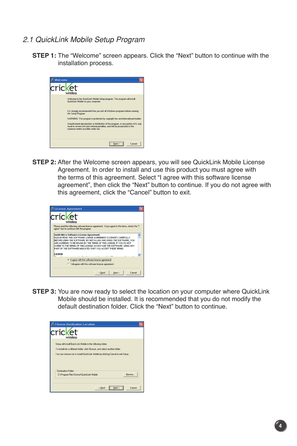 1 quicklink mobile setup program | UTStarcom UM100C User Manual | Page 6 / 38