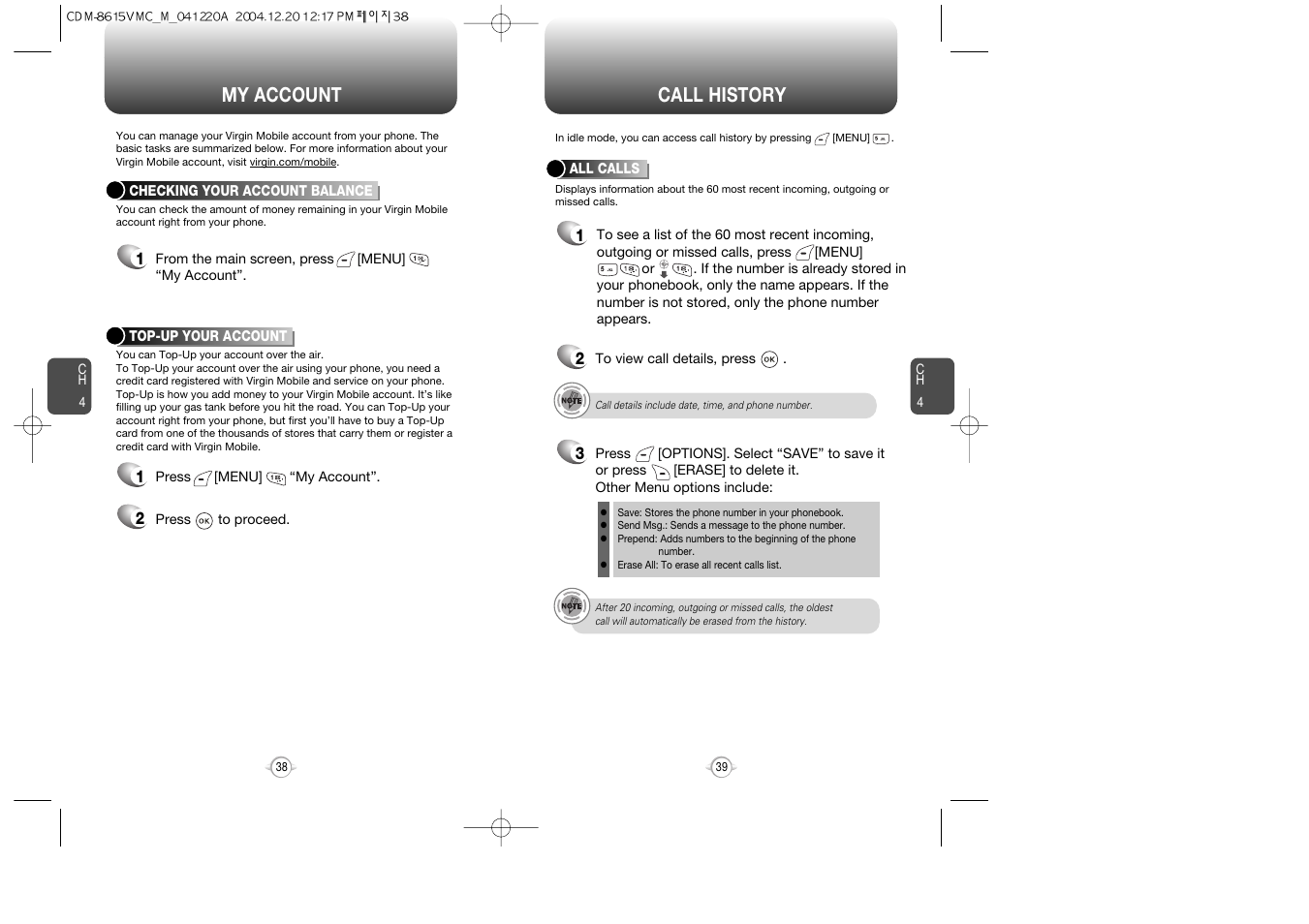 Call history, My account | UTStarcom CDM-8615 User Manual | Page 21 / 66