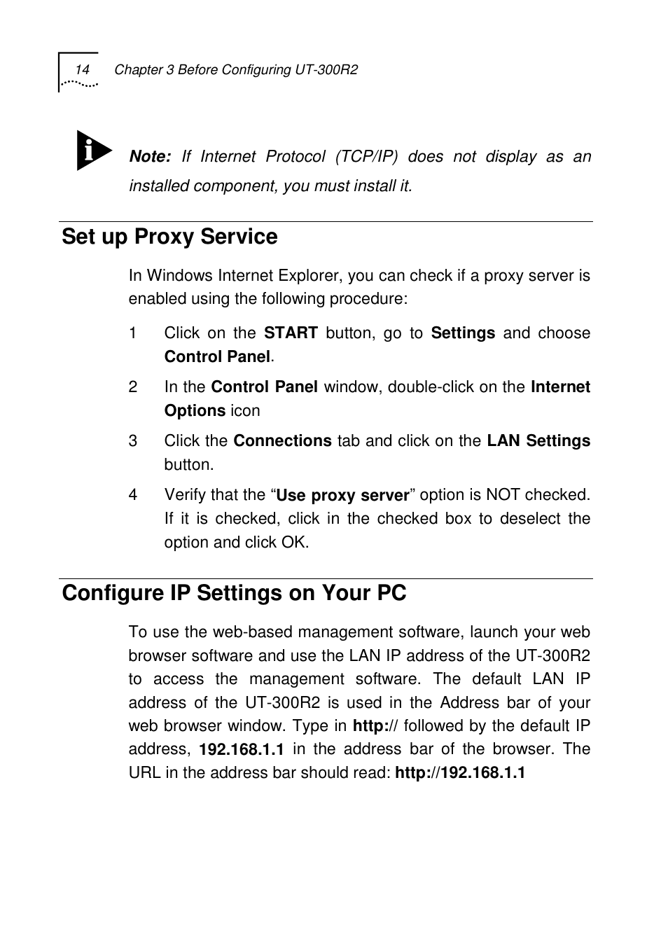 Set up proxy service, Configure ip settings on your pc | UTStarcom UT-300R2 User Manual | Page 17 / 85