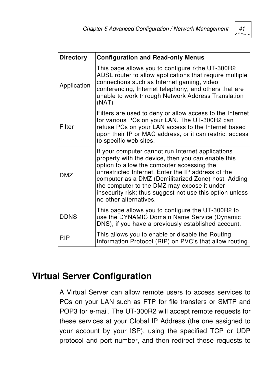 Virtual server configuration | UTStarcom UT-300R2 User Manual | Page 43 / 85