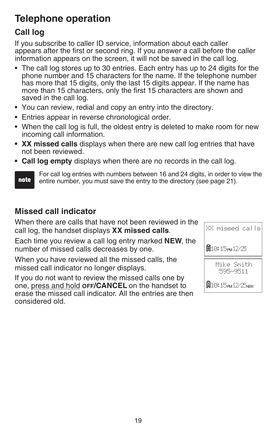 Call log, Missed call indicator, Call log missed call indicator | VTech